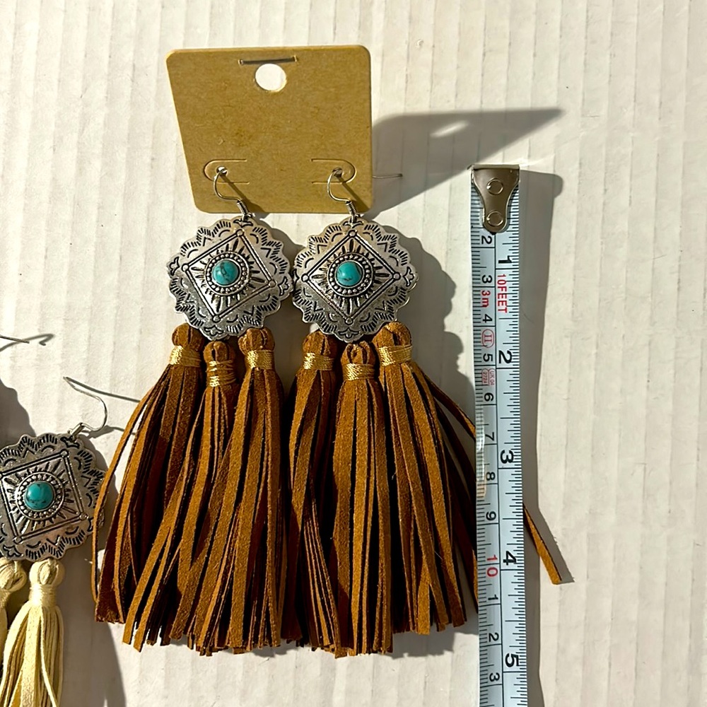 Western turquoise & leather fringe earrings set of 2 - Picture 4 of 4